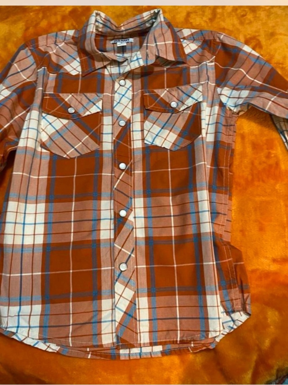 Old Navy Boys Orange, Blue, and White Plaid Button-Down Shirt